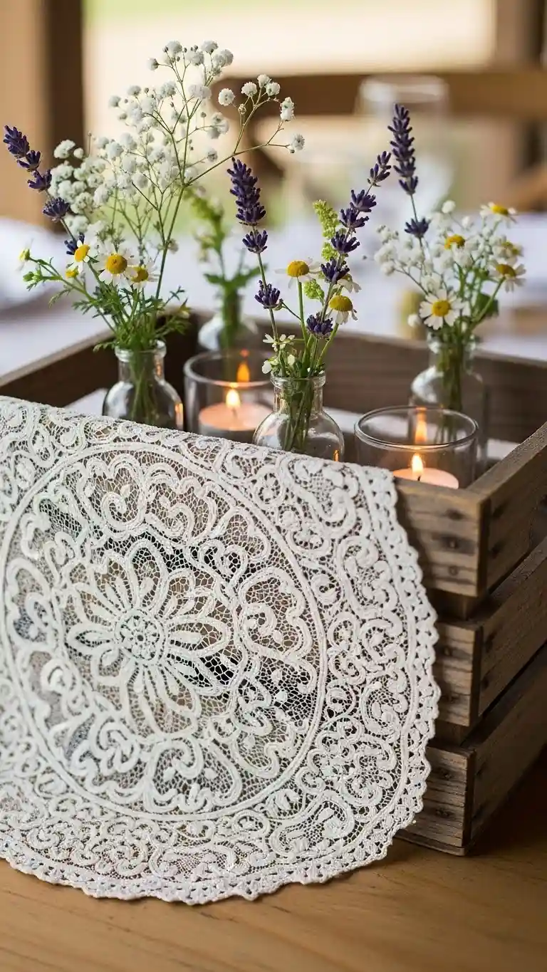 Aisle Runners with Coastal Motifs Lace Doily and Wooden Crate Centerpieces