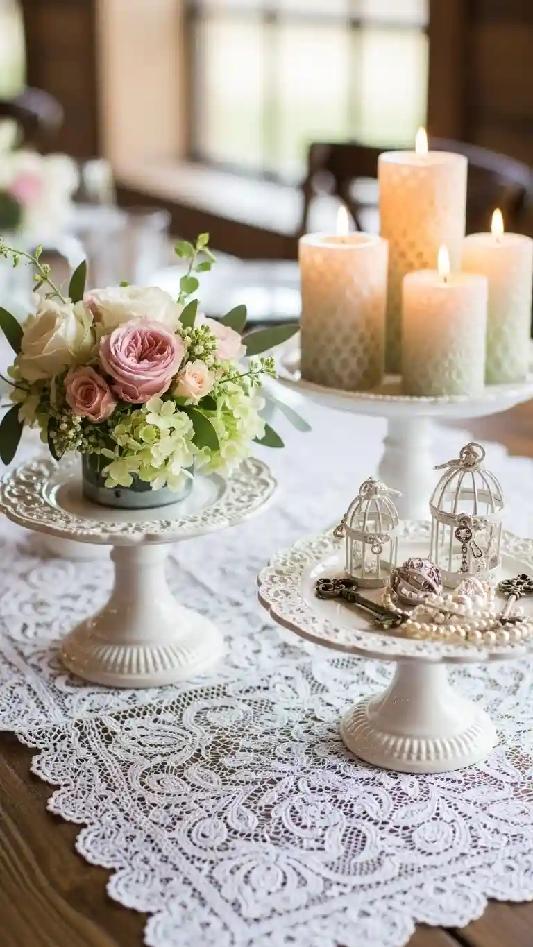 Aisle Runners with Coastal Motifs Lace Doily with Mini Cake Stand Displays