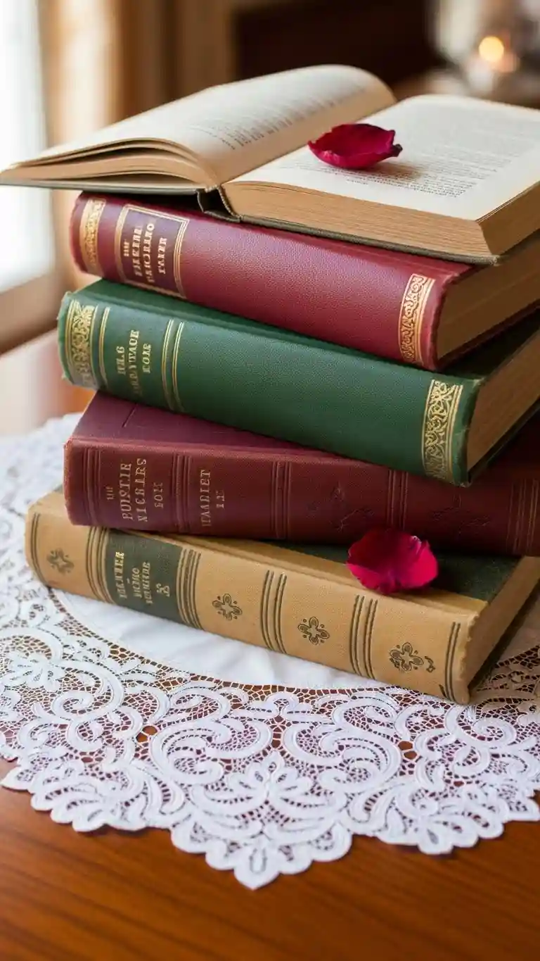 Aisle Runners with Coastal Motifs Stacked Vintage Books with Lace Doily Accents