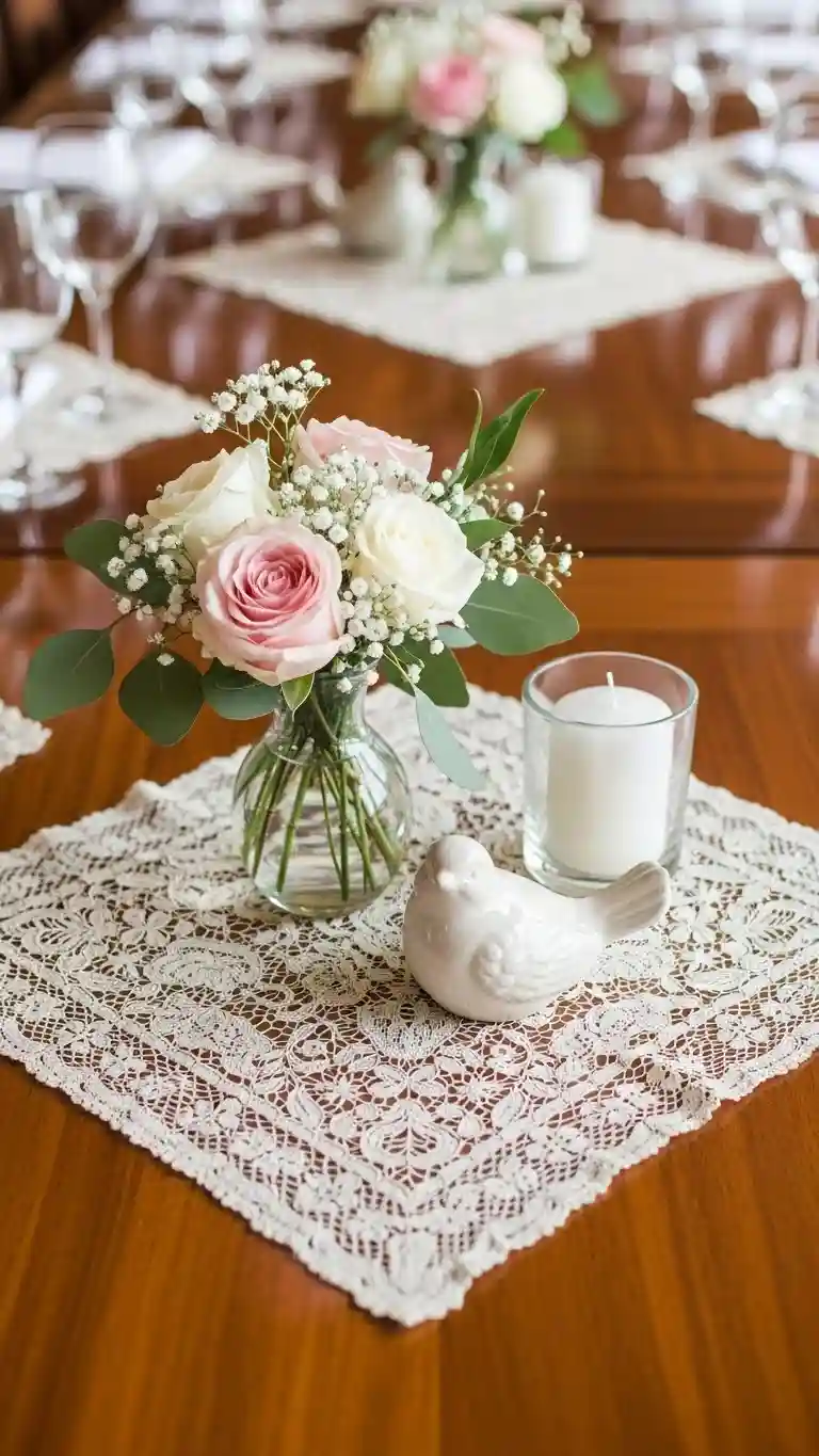 Aisle Runners with Coastal Motifs Vintage Lace Doilies Create Timeless Centerpieces