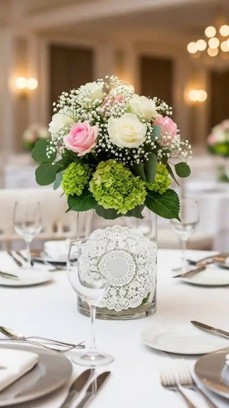Aisle Runners with Coastal Motifs Lace Doily and Clear Vase Floral Layers