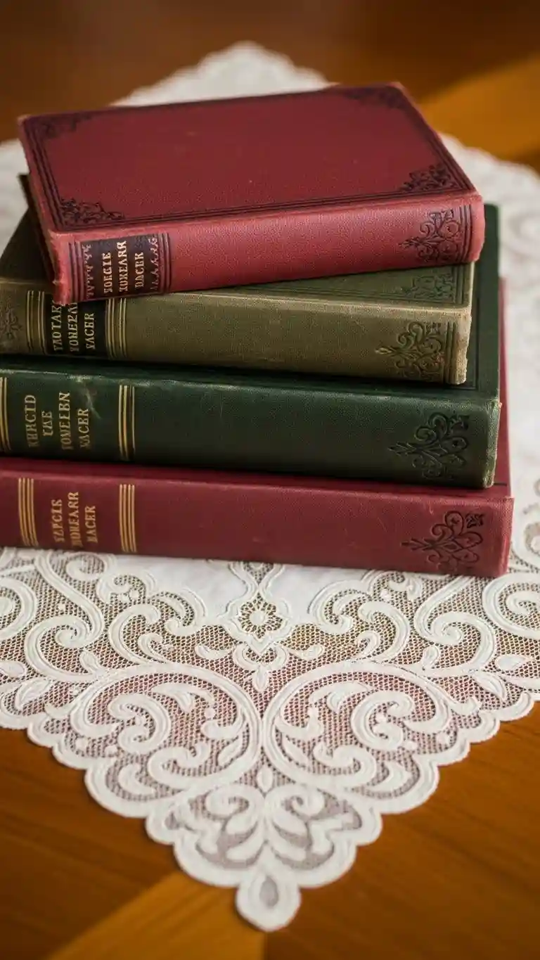 Aisle Runners with Coastal Motifs Lace Doily with Stacked Vintage Books