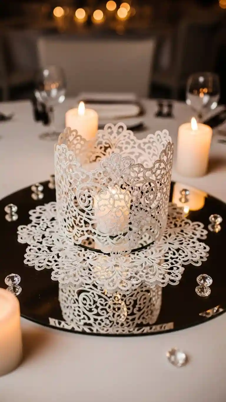 Aisle Runners with Coastal Motifs Lace Doily and Mirror Base Centerpieces