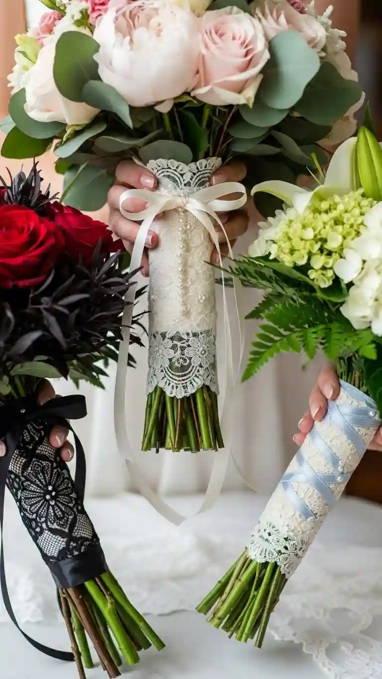 Aisle Runners with Coastal Motifs 17. Lace-Inspired Bouquet Wraps