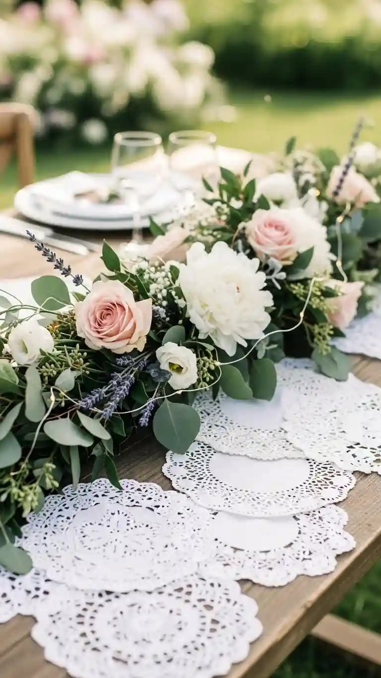 Aisle Runners with Coastal Motifs 3. Doily and Floral Garland Combo
