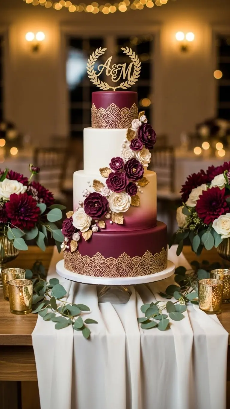 Aisle Runners with Coastal Motifs Burgundy Wedding Cake
