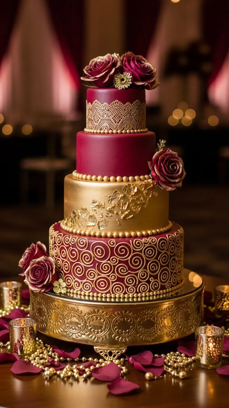 Aisle Runners with Coastal Motifs Styling Burgundy Wedding Cakes