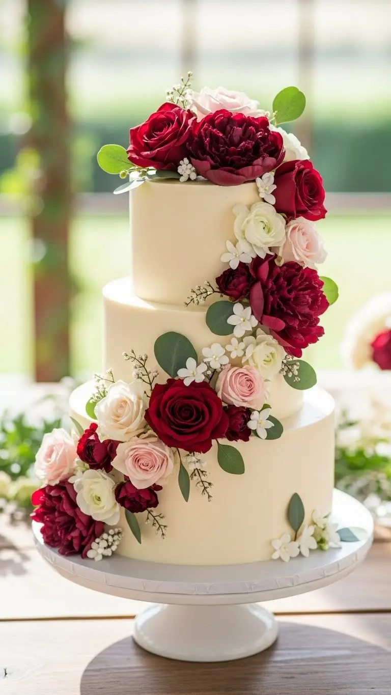 Aisle Runners with Coastal Motifs 2. Burgundy Floral Cake