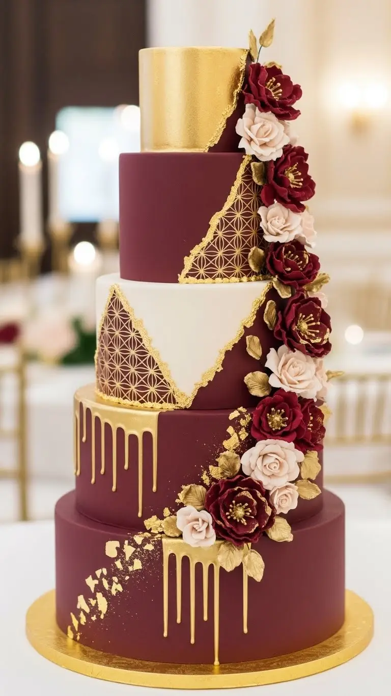 Aisle Runners with Coastal Motifs 3. Burgundy Cake with Gold Leaf Accents
