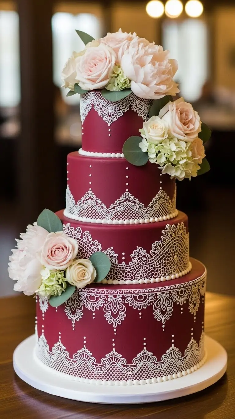 Aisle Runners with Coastal Motifs 9. Burgundy Lace-Inspired Cake