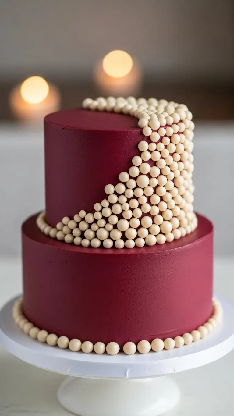 Aisle Runners with Coastal Motifs 11. Burgundy Cake with Edible Pearls