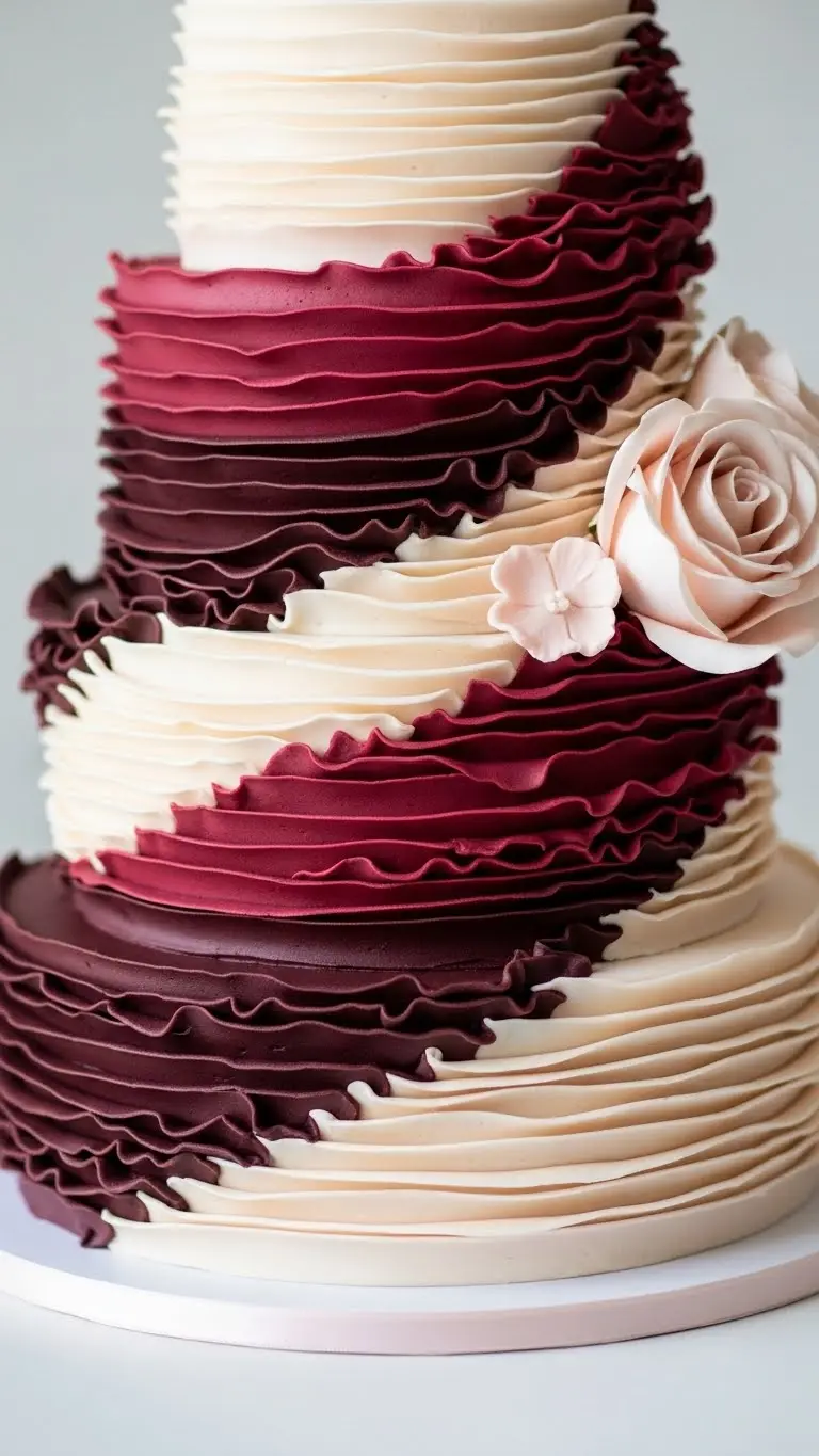 Aisle Runners with Coastal Motifs 12. Burgundy Ruffled Cake