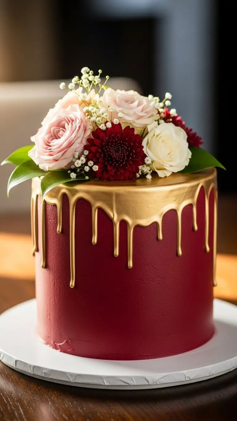 Aisle Runners with Coastal Motifs 13. Burgundy Drizzle & Floral Cake