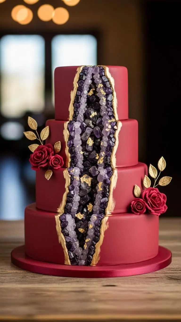 Aisle Runners with Coastal Motifs 14. Burgundy Cake with Geode Detailing