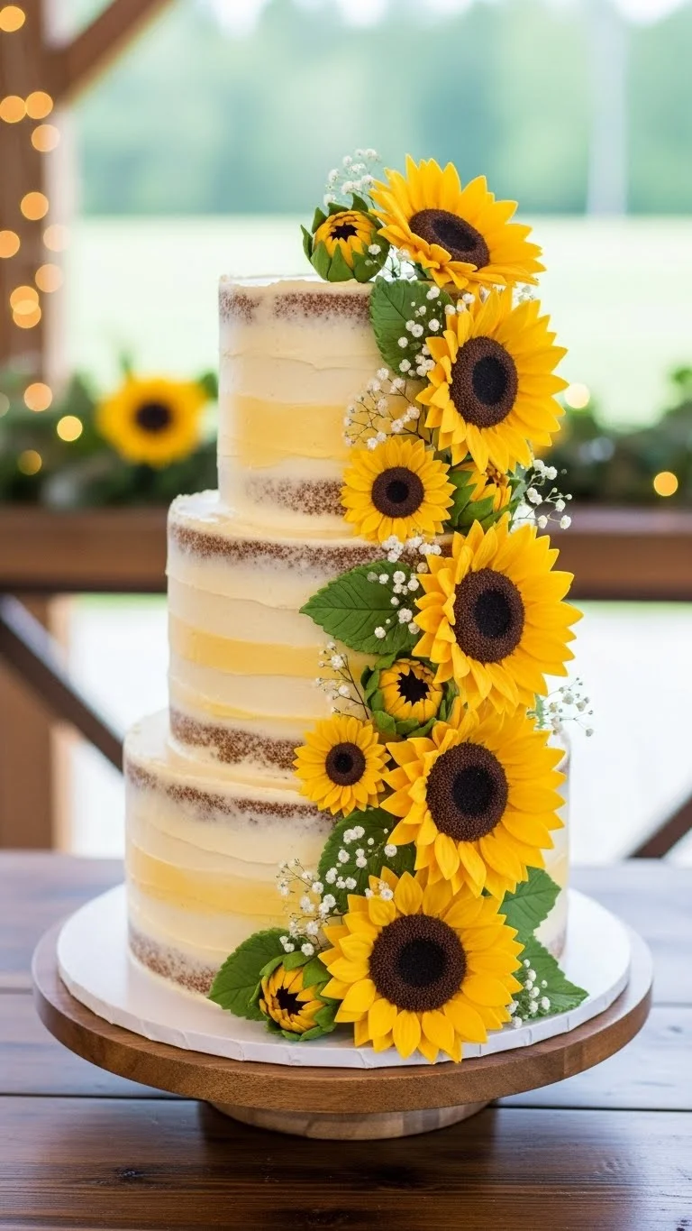 Timeless Small Wedding Cake with Balanced Proportions 3. Rustic Sunflower Cake