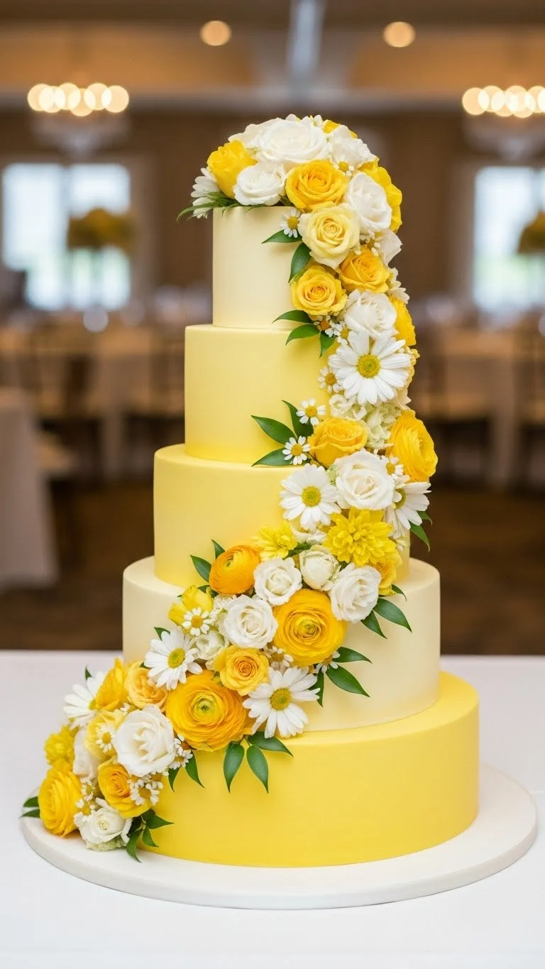 Timeless Small Wedding Cake with Balanced Proportions 6. Yellow Floral Cascade Cake