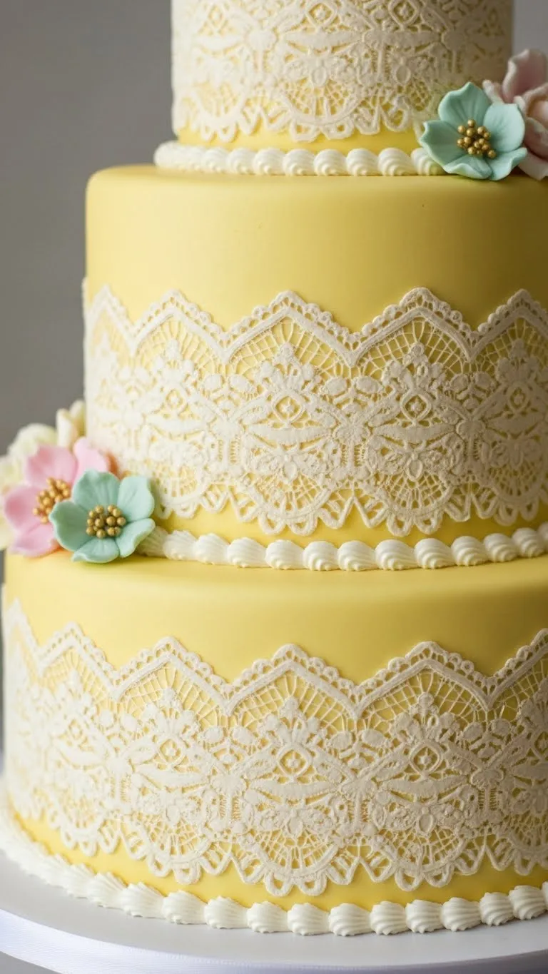 Timeless Small Wedding Cake with Balanced Proportions 12. Yellow Lace Overlay Cake