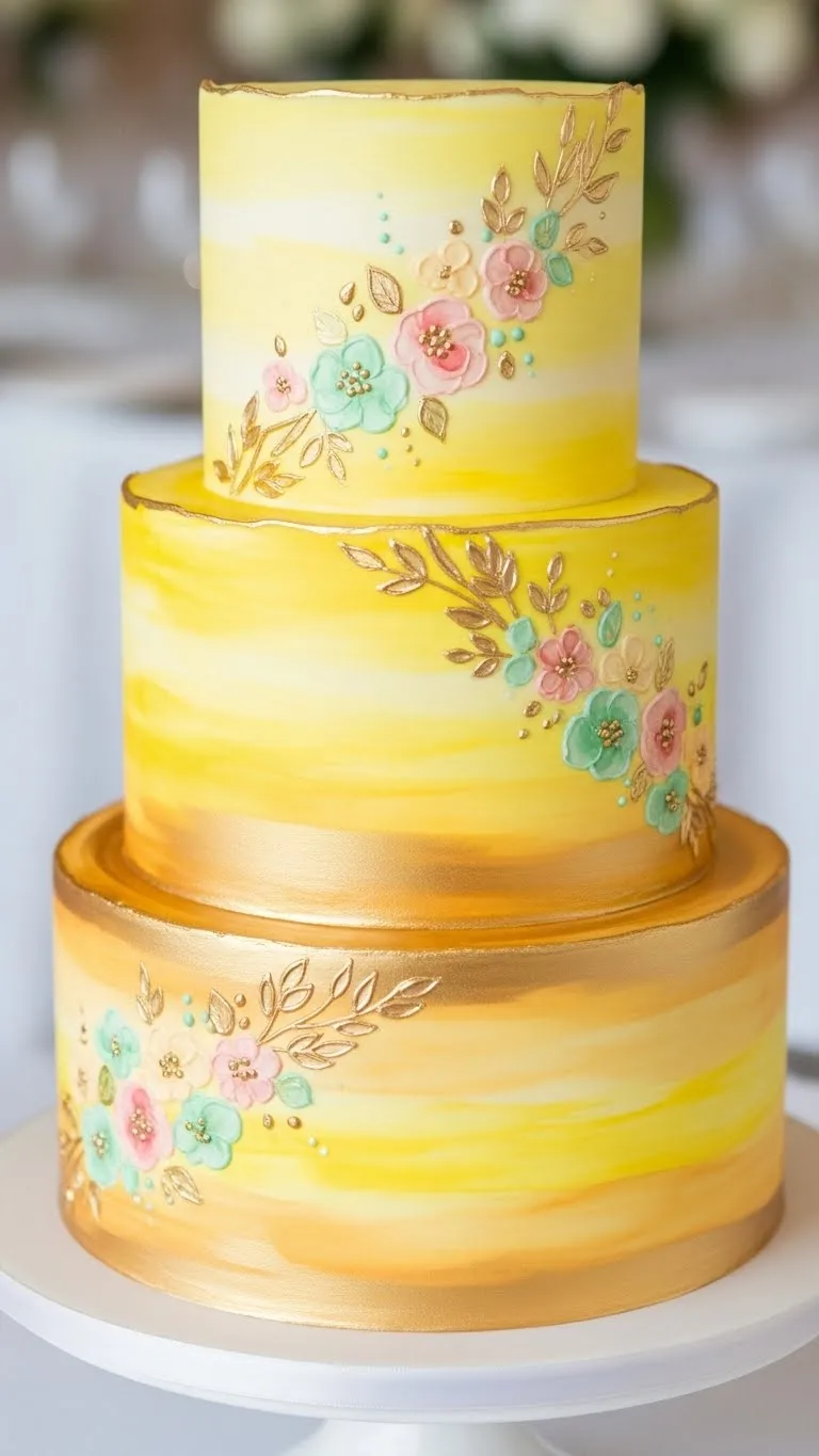 Timeless Small Wedding Cake with Balanced Proportions 17. Yellow Watercolor Cake