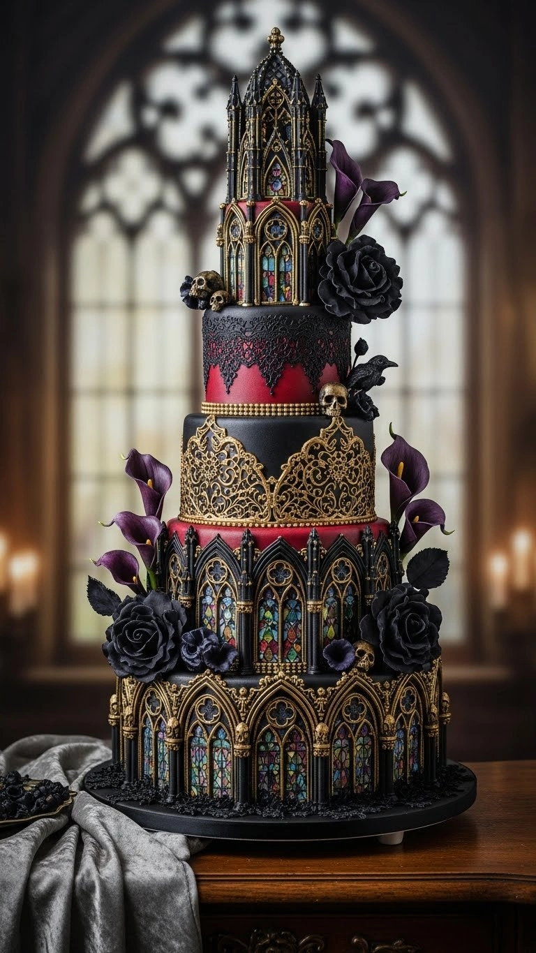 19. Yellow Monogram Cake Gothic Wedding Cakes Speak to Romantic Storytelling