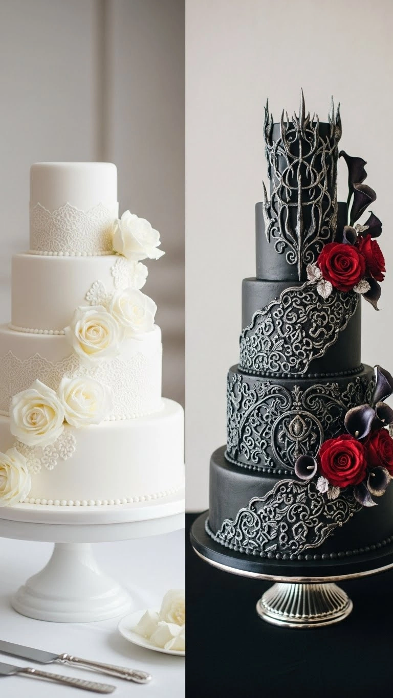 19. Yellow Monogram Cake Texture and Contrast Define Gothic Wedding Cakes