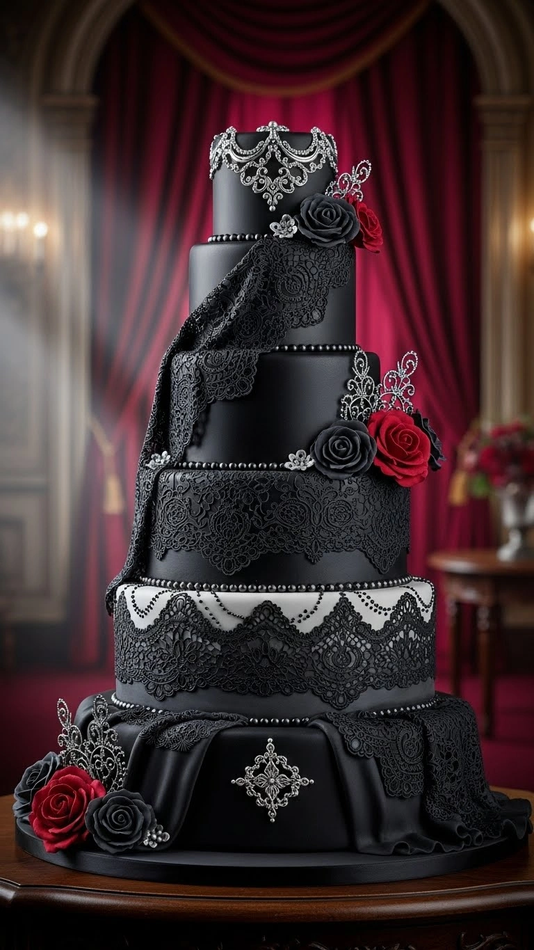 19. Yellow Monogram Cake Black Lace Gothic Wedding Cake Elegance