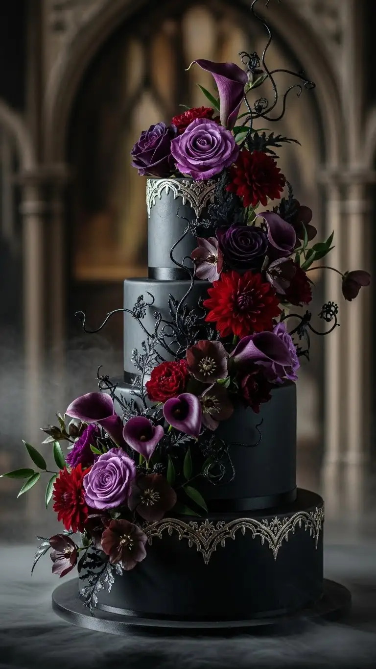 19. Yellow Monogram Cake Dark Floral Gothic Wedding Cakes with Romantic Drama