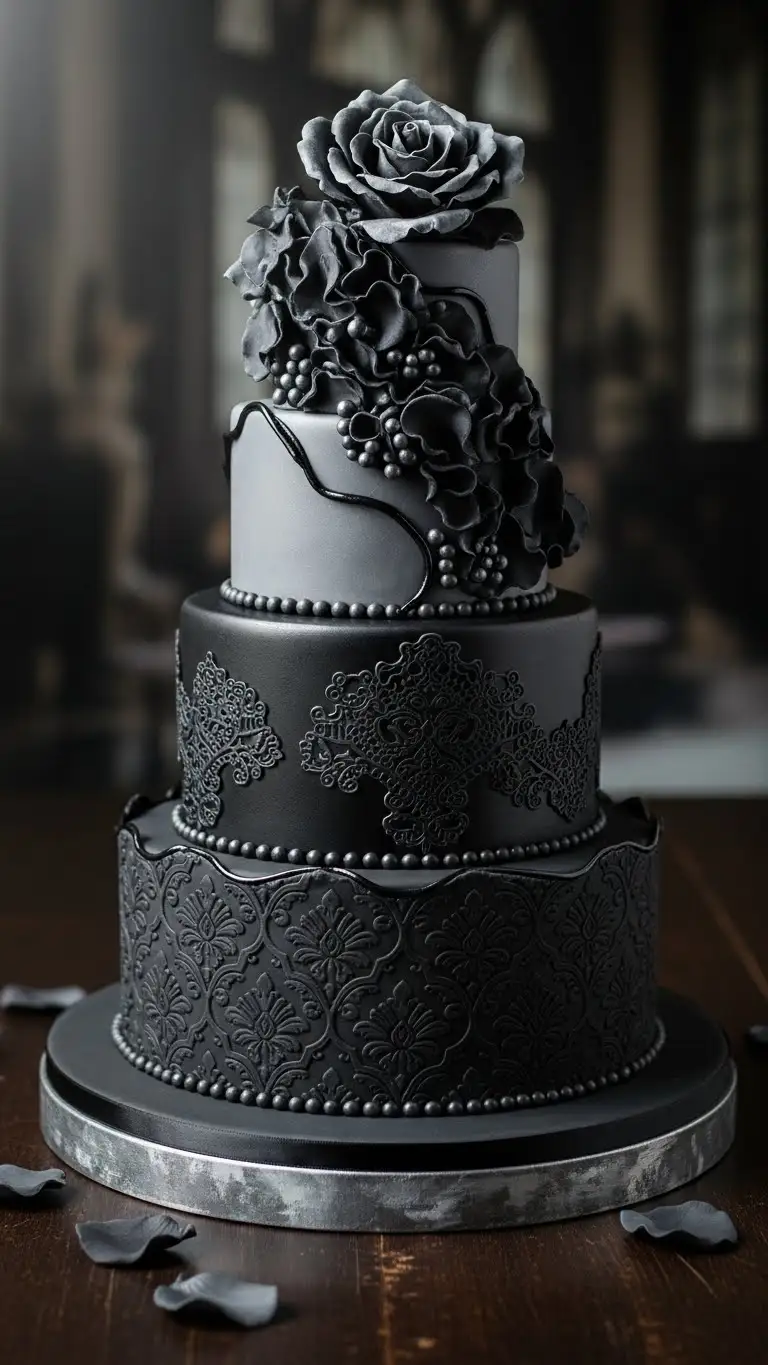 19. Yellow Monogram Cake Monochrome Gothic Wedding Cake with Textural Depth