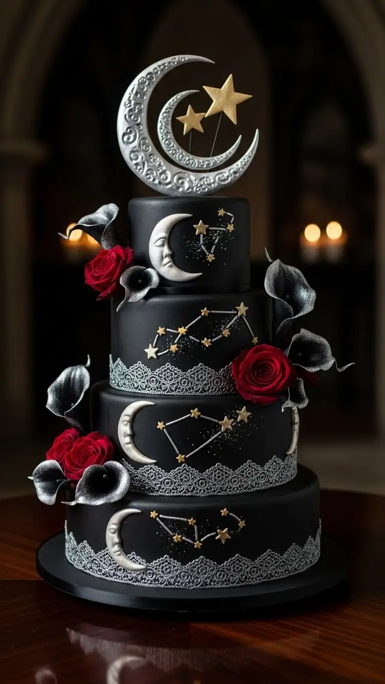 19. Yellow Monogram Cake Celestial-Inspired Gothic Wedding Cake Design