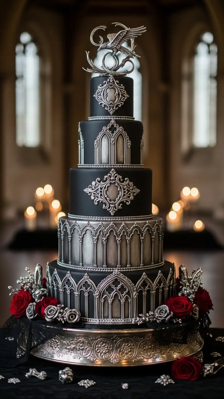 19. Yellow Monogram Cake Gothic Wedding Cake with Ornate Metallic Details