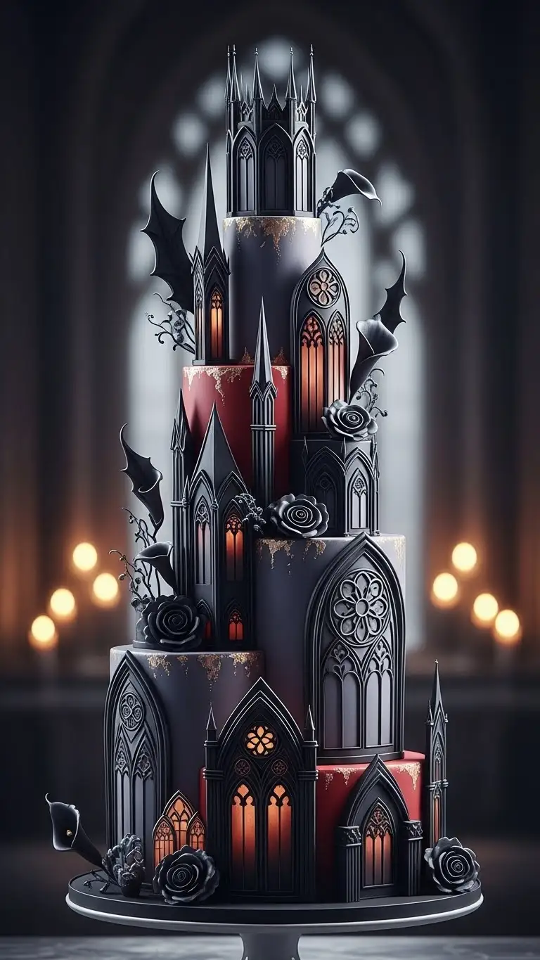 19. Yellow Monogram Cake Sculptural Gothic Wedding Cake with Dramatic Silhouettes