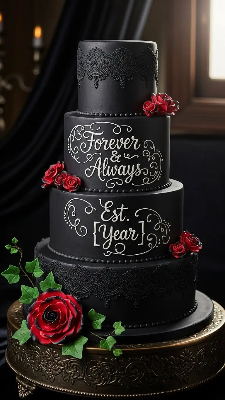 19. Yellow Monogram Cake Gothic Wedding Cake with Romantic Calligraphy