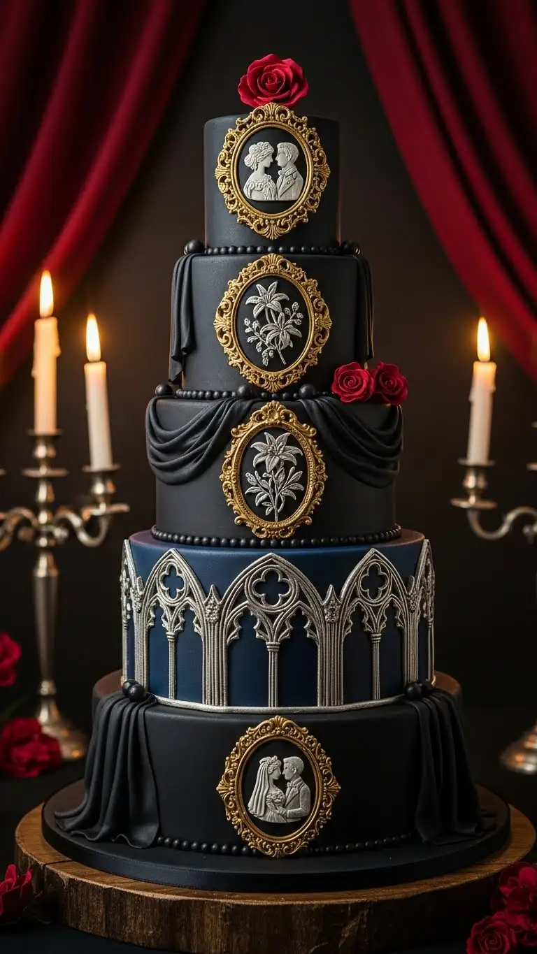 19. Yellow Monogram Cake Gothic Wedding Cake Inspired by Antique Frames
