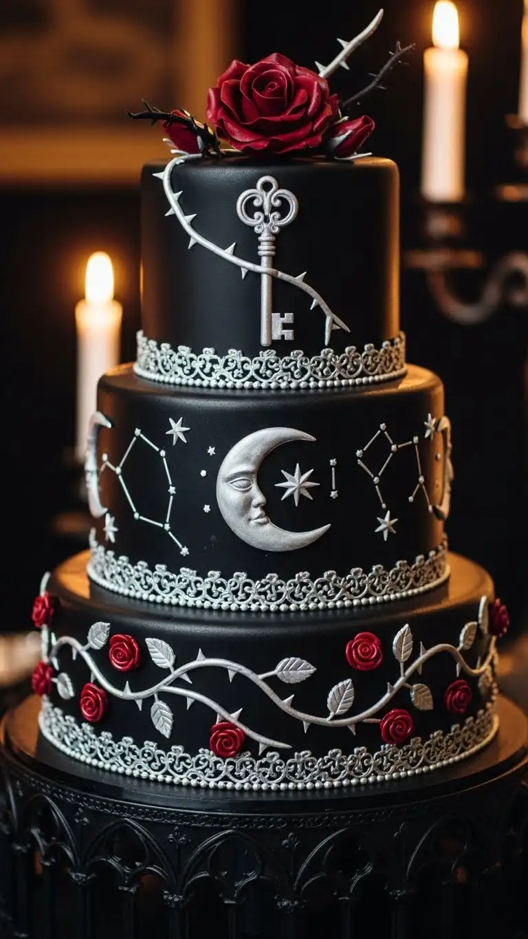 19. Yellow Monogram Cake Gothic Wedding Cake with Symbolic Motifs