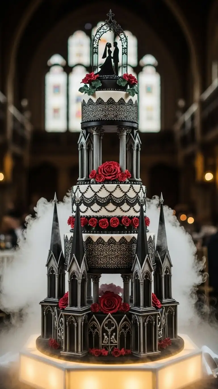 19. Yellow Monogram Cake Gothic Wedding Cake with Dramatic Height