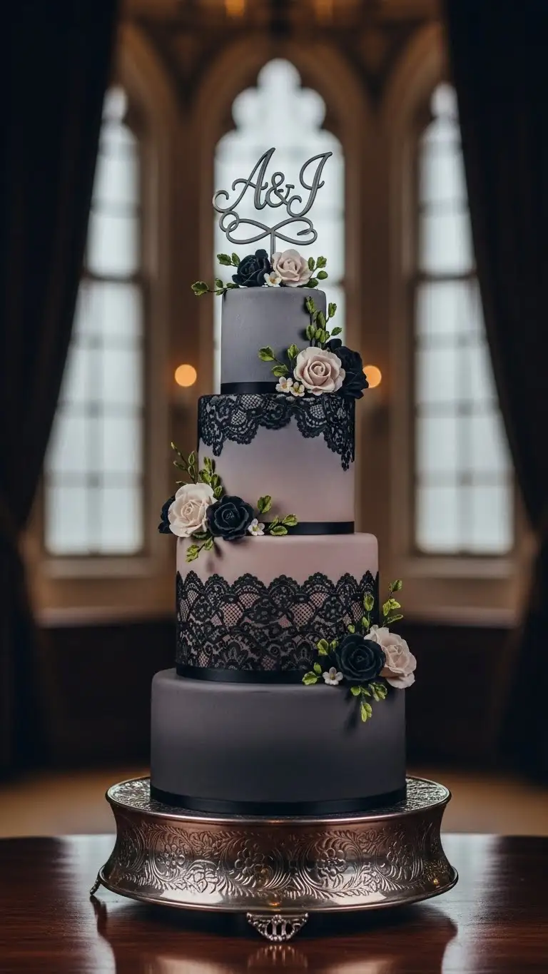 19. Yellow Monogram Cake Romantic Gothic Wedding Cake with Soft Dark Neutrals