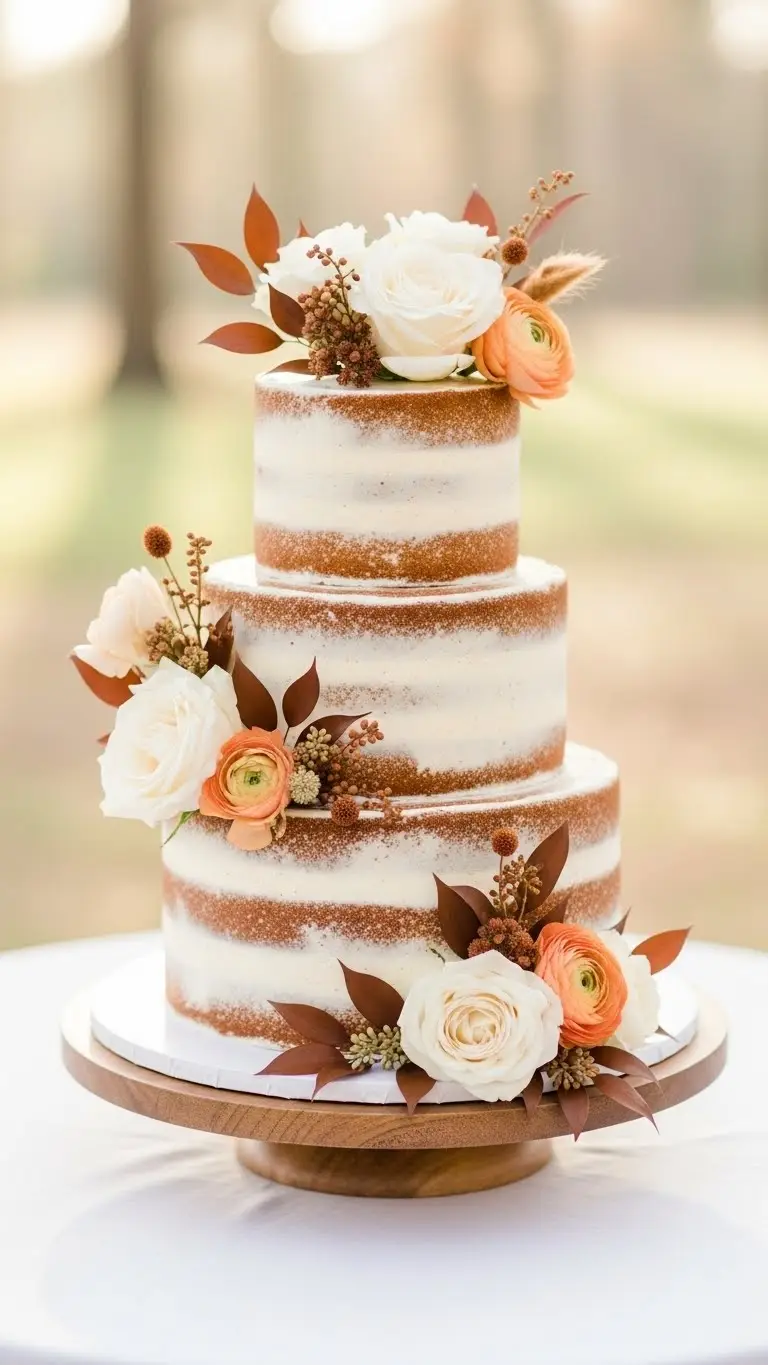 19. Yellow Monogram Cake Semi-Naked Rusty Orange Wedding Cake with Floral Accents