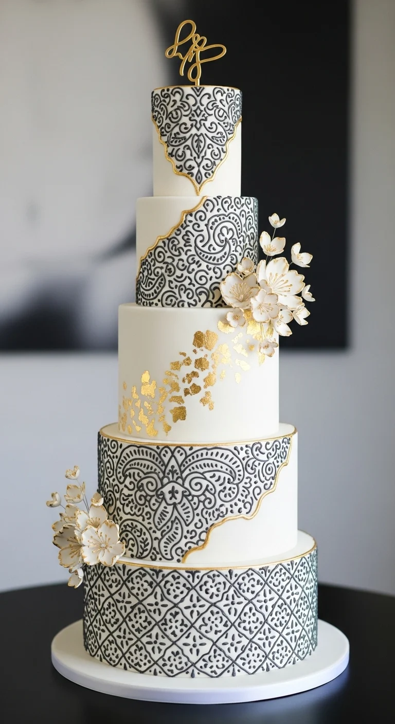 Neutral Ombre Wedding Cake Design Modern Monochrome Gold Wedding Cake
