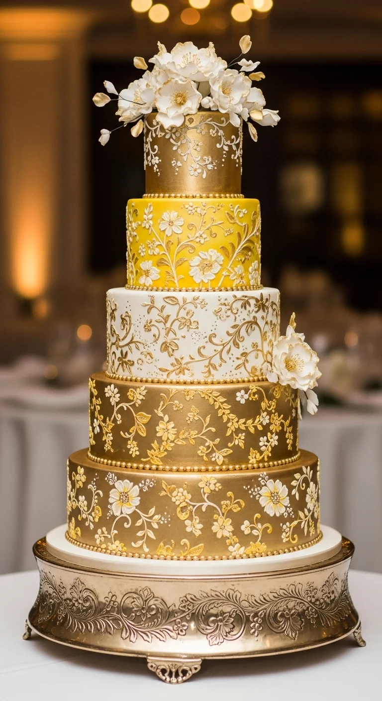 Neutral Ombre Wedding Cake Design Gold Wedding Cake with Hand-Painted Details