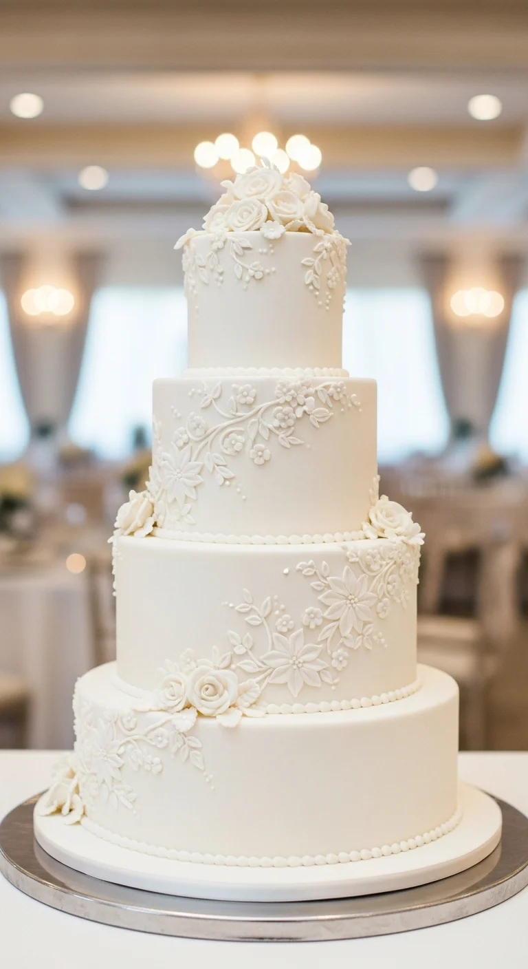 Neutral Ombre Wedding Cake Design Classic White Wedding Cake with Subtle Floral Piping