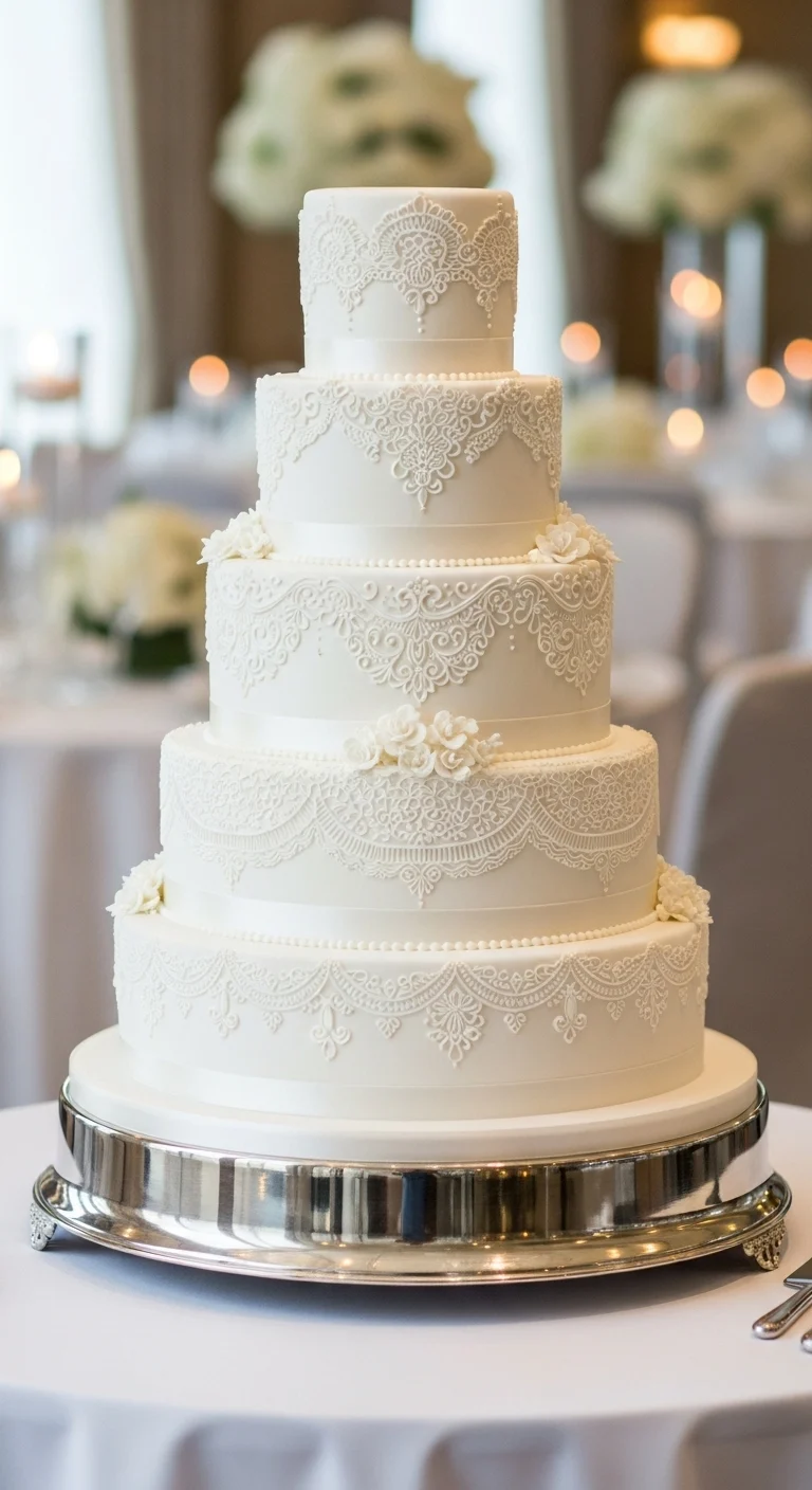 Neutral Ombre Wedding Cake Design White Wedding Cake with Lace-Inspired Details