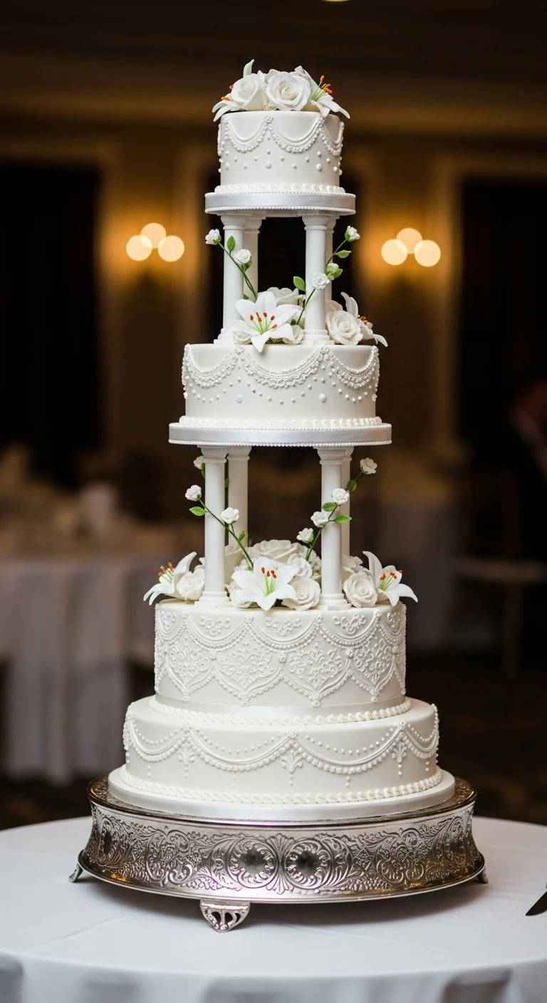 Neutral Ombre Wedding Cake Design Traditional White Wedding Cake with Pillar Tiers