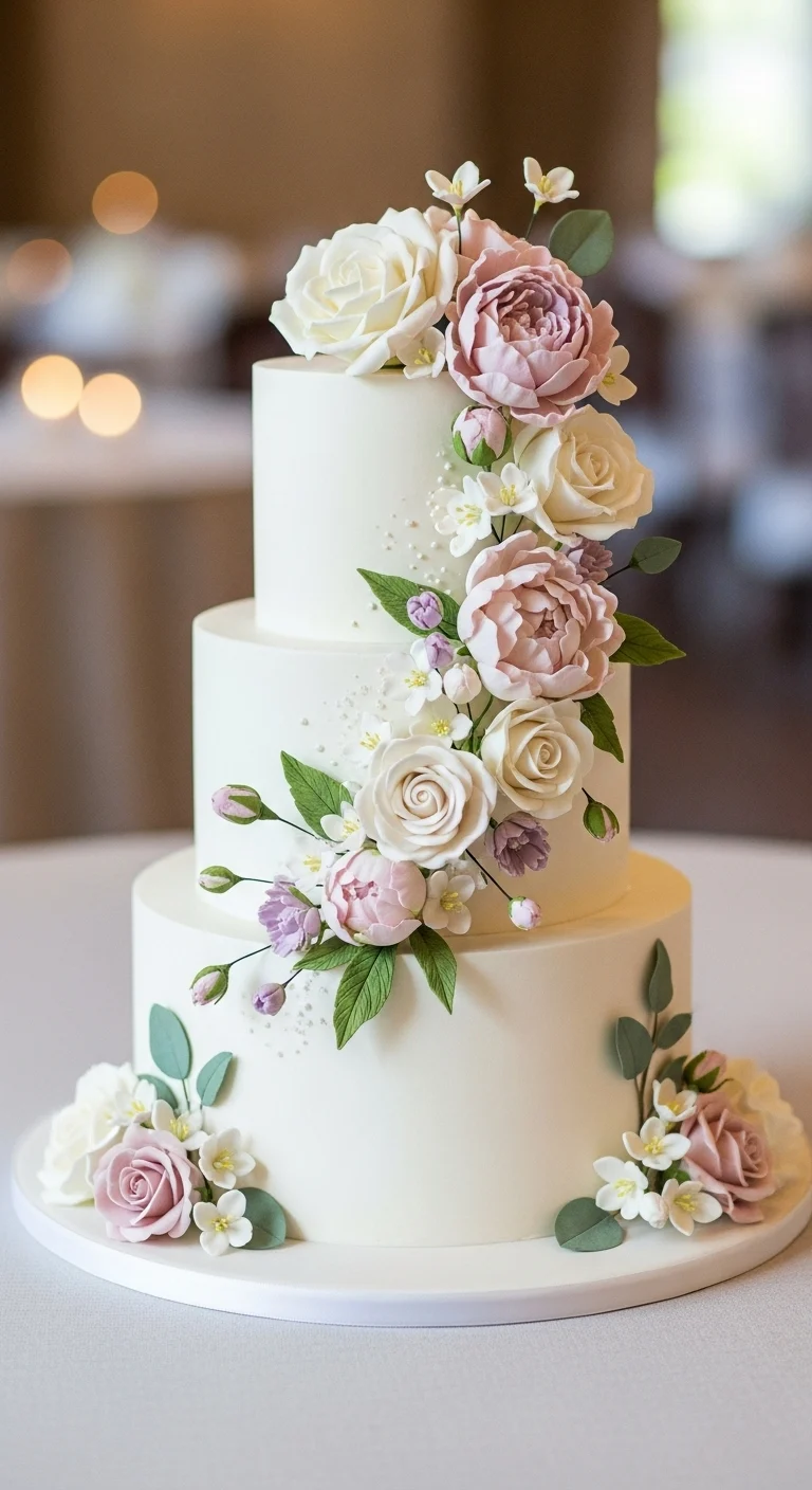 Neutral Ombre Wedding Cake Design White Wedding Cake with Cascading Sugar Flowers