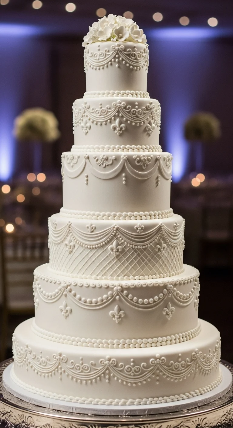 Neutral Ombre Wedding Cake Design White Wedding Cake with Handcrafted Piping Borders