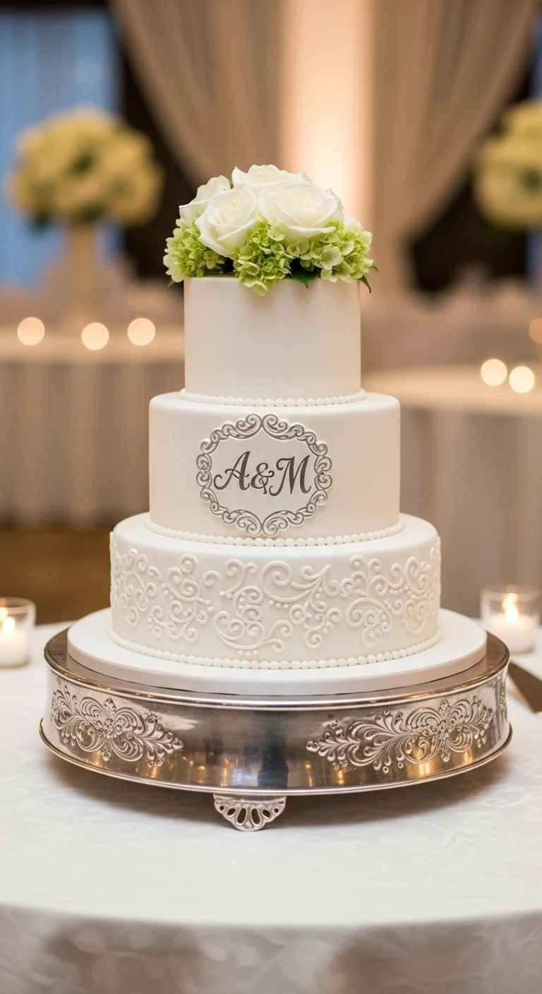 Neutral Ombre Wedding Cake Design Classic White Wedding Cake with Monogram Detail
