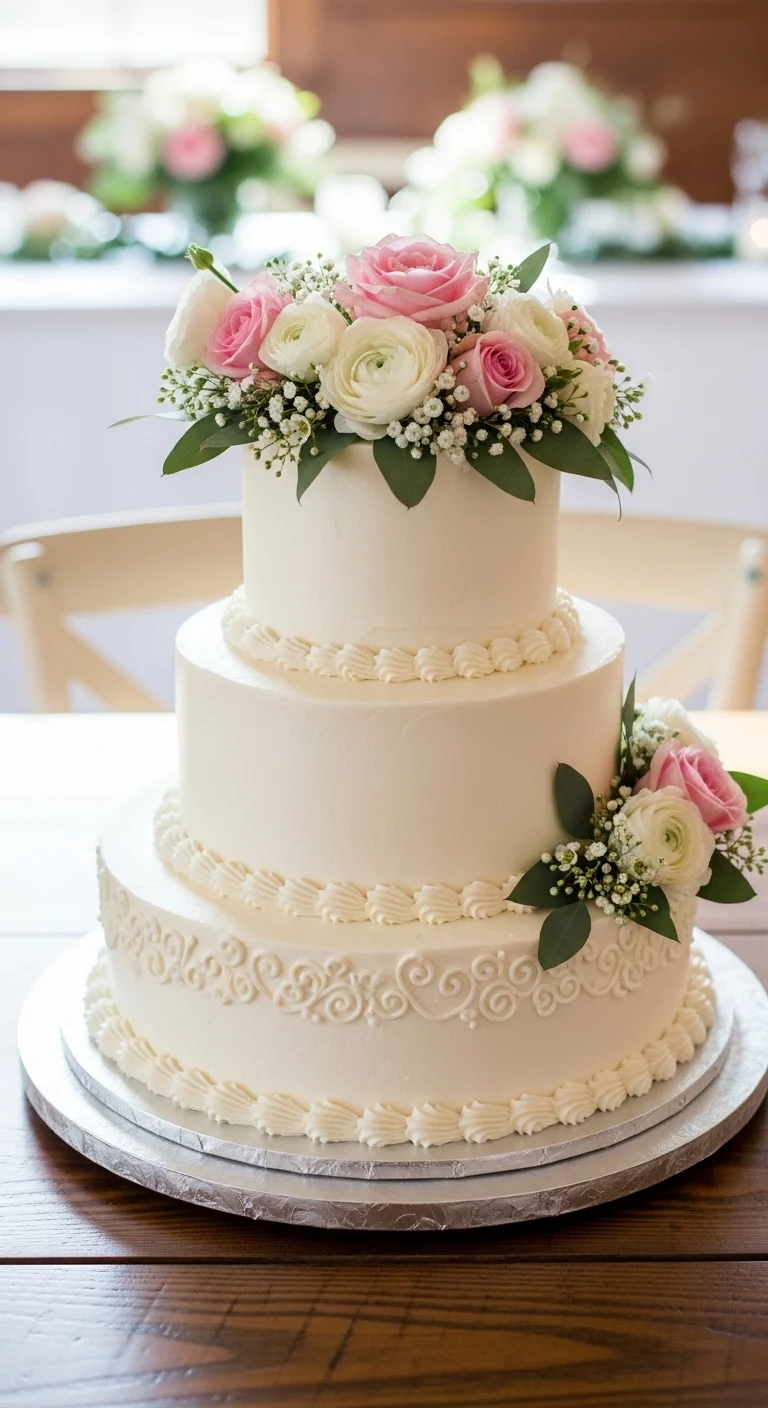 Neutral Ombre Wedding Cake Design Traditional White Wedding Cake with Floral Crown Topper