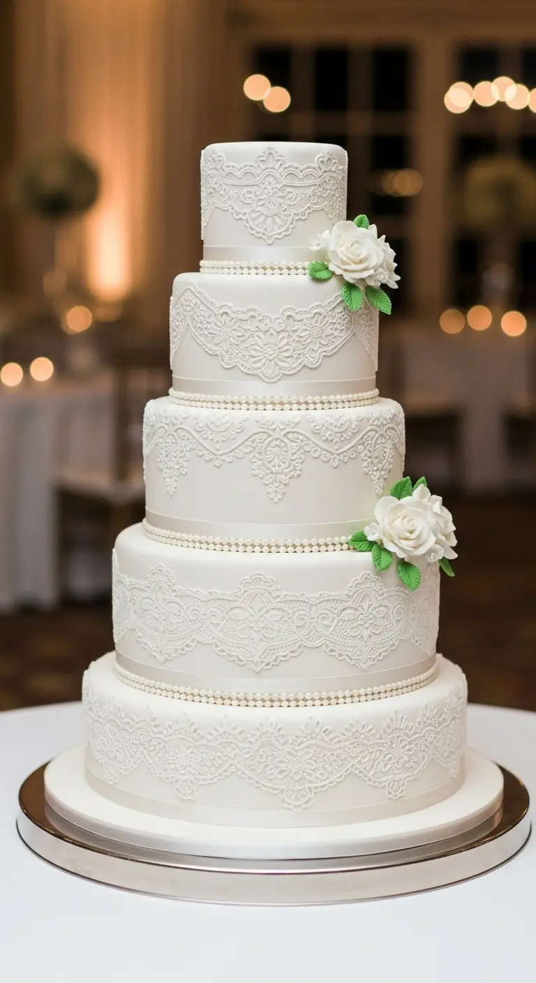 Neutral Ombre Wedding Cake Design White Wedding Cake with Lace-Inspired Details