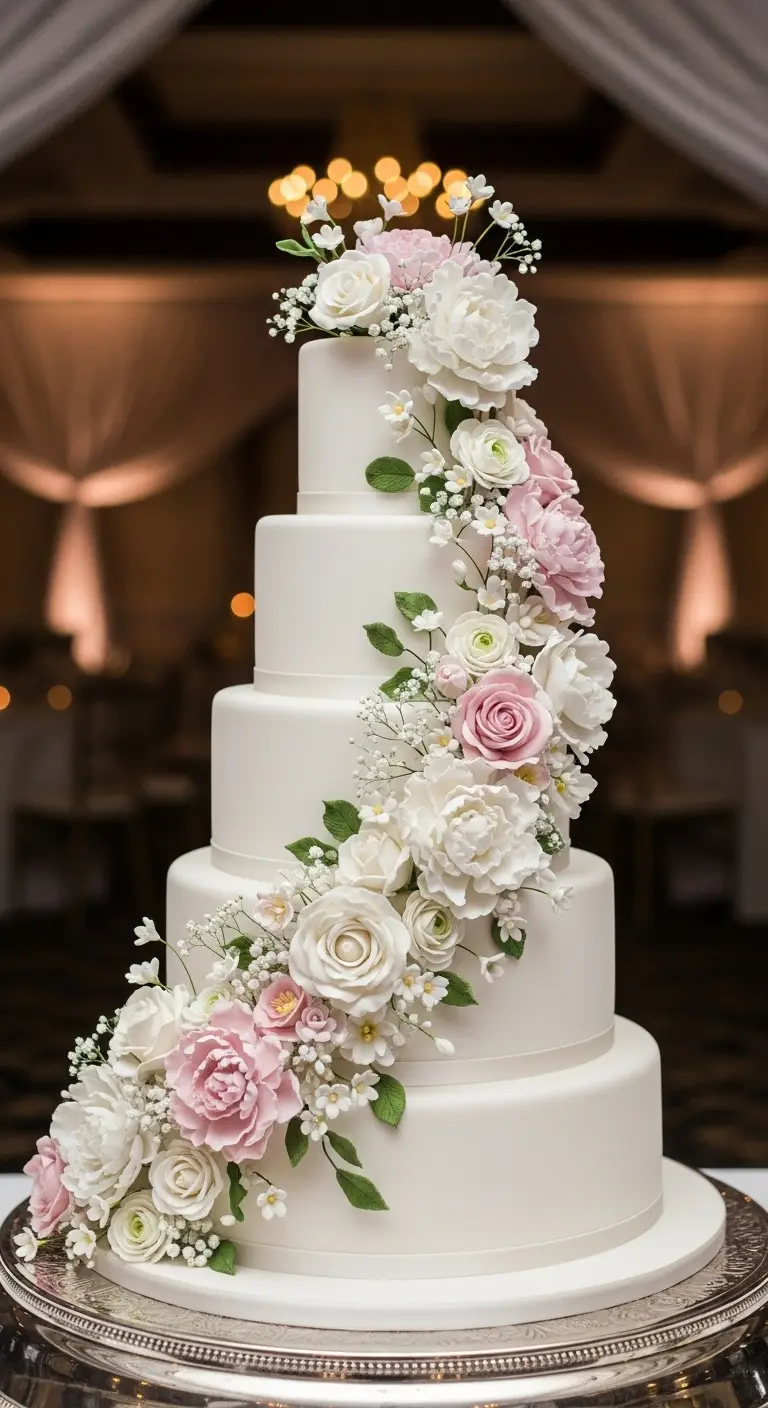 Neutral Ombre Wedding Cake Design White Wedding Cake with Cascading Sugar Flowers