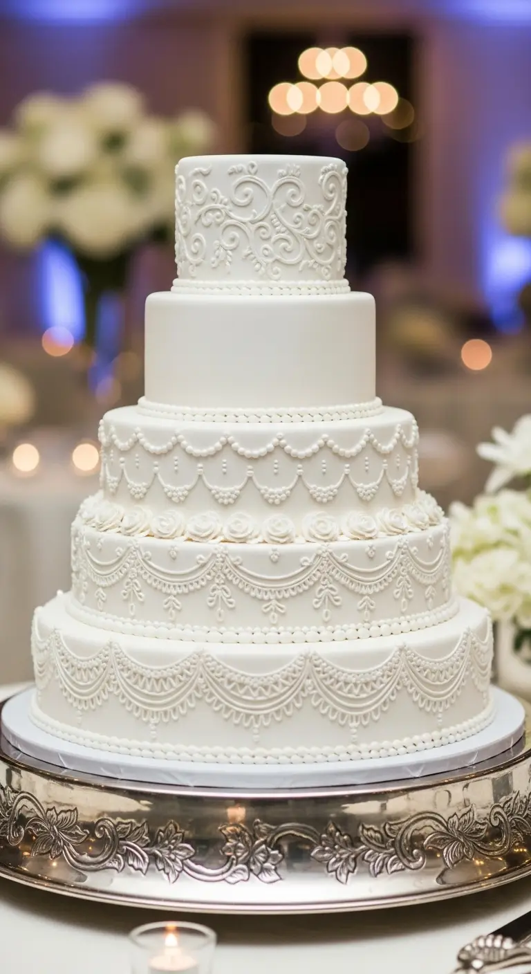Neutral Ombre Wedding Cake Design White Wedding Cake with Handcrafted Piping Borders