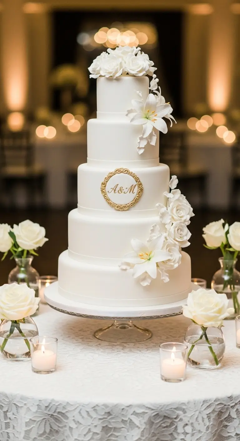 Neutral Ombre Wedding Cake Design Classic White Wedding Cake with Monogram Detail