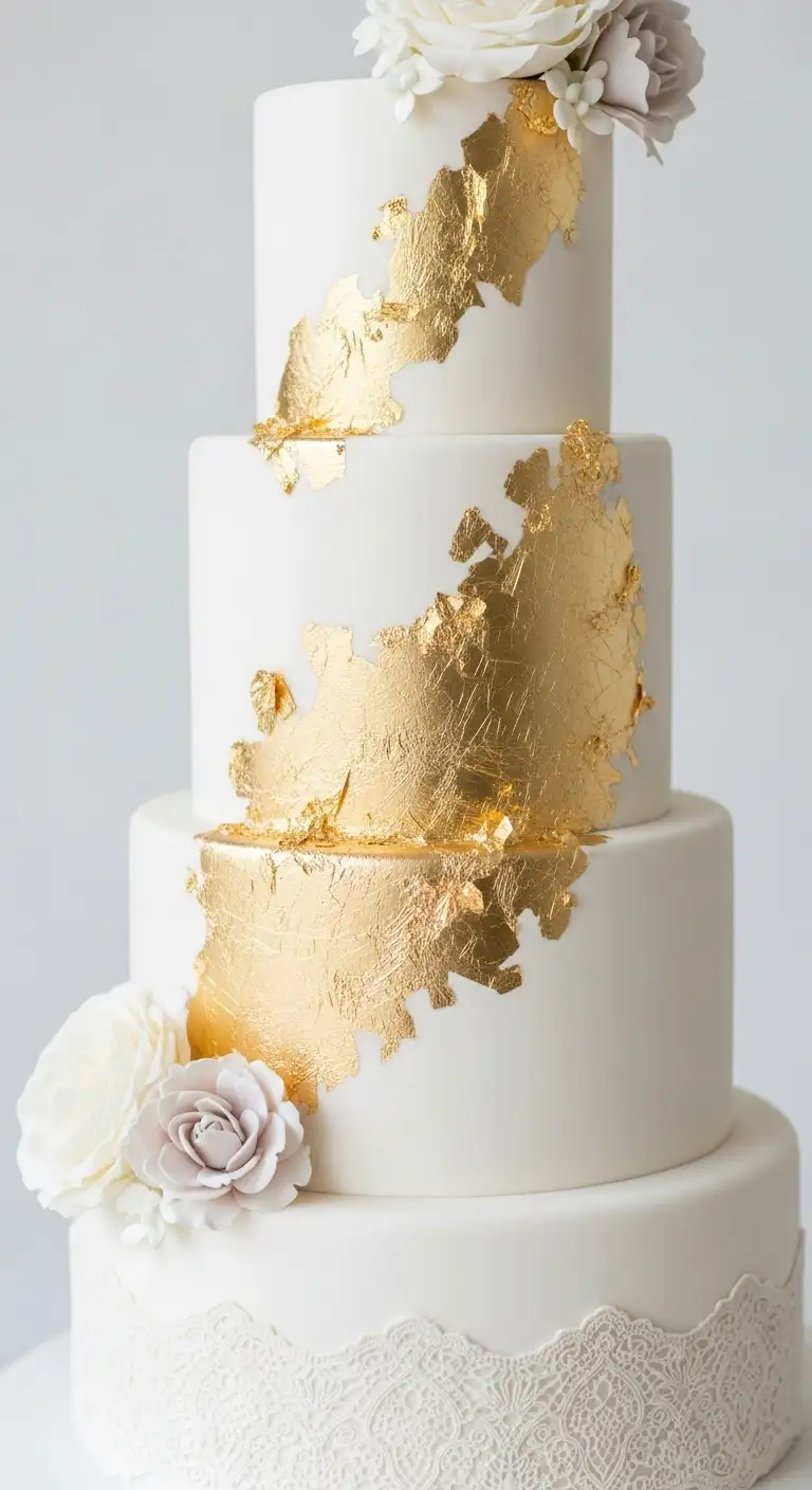 Neutral Ombre Wedding Cake Design Edible Gold Leaf Cake